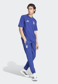 Niebieska sportowa koszulka i spodnie z miękkiego materiału, z włoską flagą i logo "ITALIA" w żywych kolorach, z złotymi akcentami.