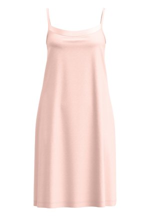 Blassrosa ärmelloses Kleid aus weichem Stoff, mit geradem Schnitt, schmalen Trägern und glatter Textur.