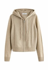 Beige villaneinen hupparivetoketjuneule, jossa on ribbikuviointi sivuilla ja hihansuissa, suoralla leikkauksella ja nauhalla hupussa.