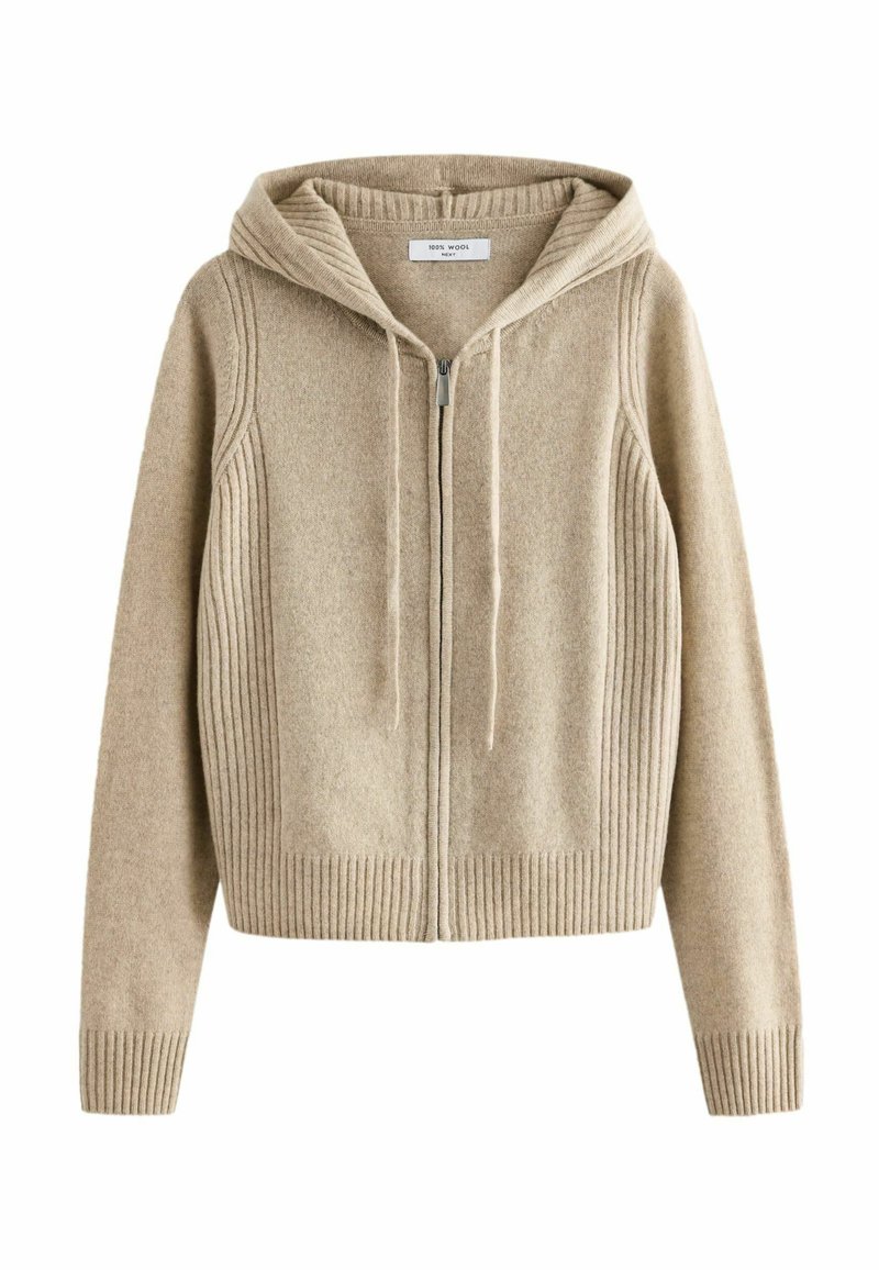 Beige villaneinen hupparivetoketjuneule, jossa on ribbikuviointi sivuilla ja hihansuissa, suoralla leikkauksella ja nauhalla hupussa.