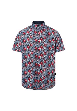 Kurzarm-Hemd mit Knopfleiste, das einen blauen Hintergrund mit roten Blumen- und Papageienmustern aufweist, aus leichtem Stoff gefertigt.