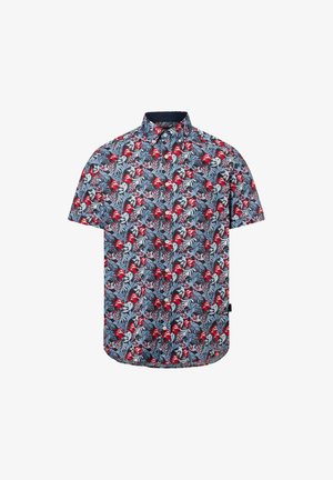 Short-sleeve button-up shirt featuring a blue background with red floral and parrot patterns, crafted from lightweight fabric.