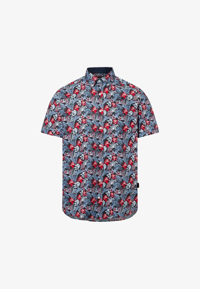 Kurzarm-Hemd mit Knopfleiste, das einen blauen Hintergrund mit roten Blumen- und Papageienmustern aufweist, aus leichtem Stoff gefertigt.