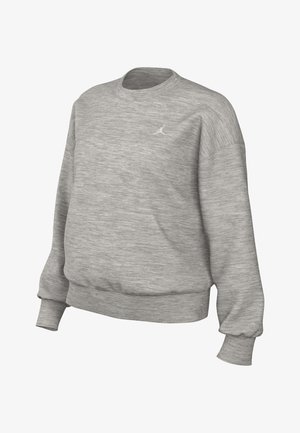 Sweatshirt gris en tissu doux avec un col ras du cou côtelé, des manches longues et une taille élastique. Présente un petit logo sur la poitrine.