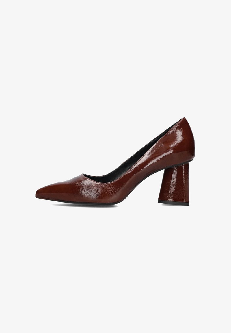 Bruine gepatenteerde leren pump met een spitse neus en een chunky hak. Het oppervlak is glanzend met een gladde textuur en minimale details.