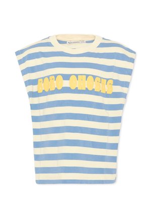 Niebiesko-biała poziomo paskowana koszulka bez rękawów z żółtym napisem "BOBO CHOSES" na piersi na jednolitym tle.