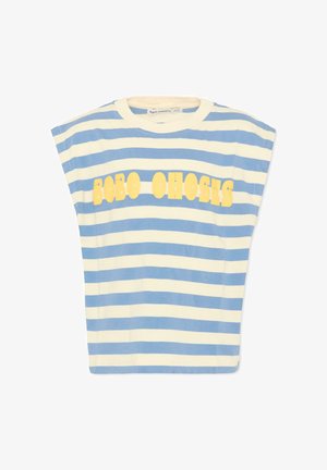 Canotta a righe orizzontali blu e bianche con testo giallo "BOBO CHOSES" sul petto, su sfondo semplice.