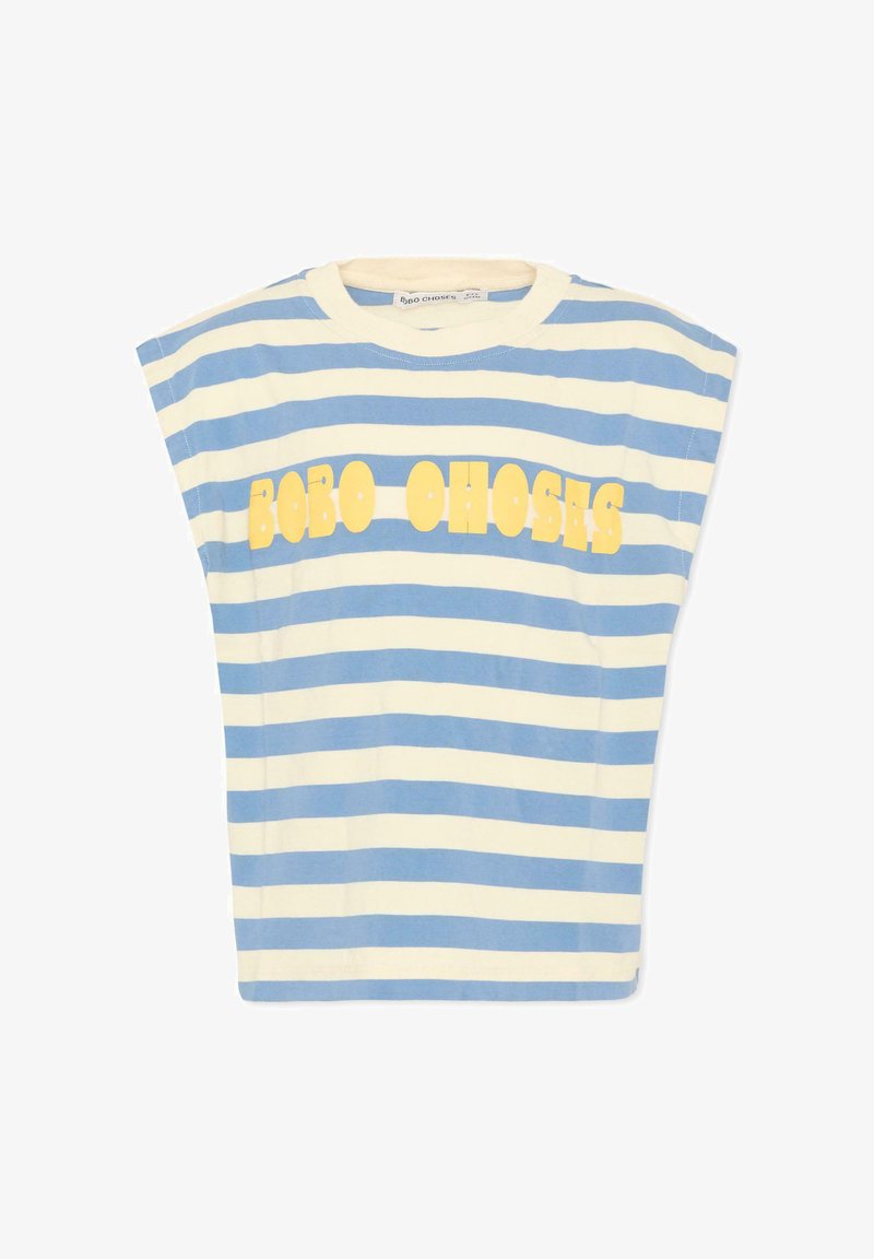 Chemise sans manches à rayures horizontales bleues et blanches avec le texte jaune "BOBO CHOSES" sur la poitrine, sur un fond uni.