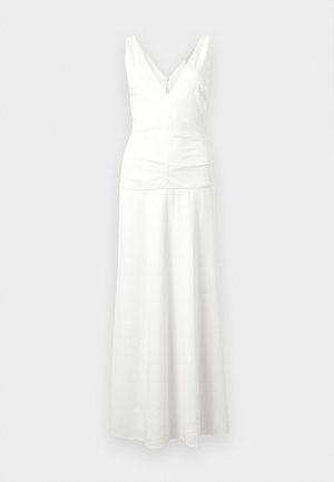 Balta be rankovių suknelė su V formos iškirpte, prigludusia liemene ir plačia grindų ilgio sijonu. Lygus audinys, minimalistinis dizainas, be matomų raštų.