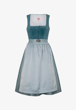 Traditionelles Kleid in Blaugrün und Hellblau, mit einer taillierten Oberseite, einem gerafften Rock und einer dekorativen silbernen Schnalle an der Taille.