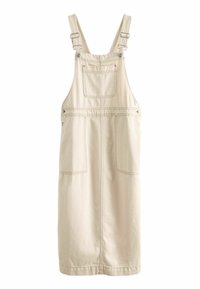 Beige Denim-Midi-Overallkleid mit verstellbaren Trägern, einer Fronttasche auf der Brust und zwei großen vorderen Taschen.