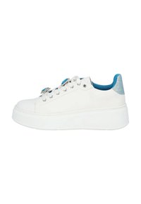 White sneaker with a thick sole, blue accents, and decorative hardware. The heel features a textured, glittery material.