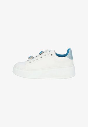 White sneaker with a thick sole, blue accents, and decorative hardware. The heel features a textured, glittery material.