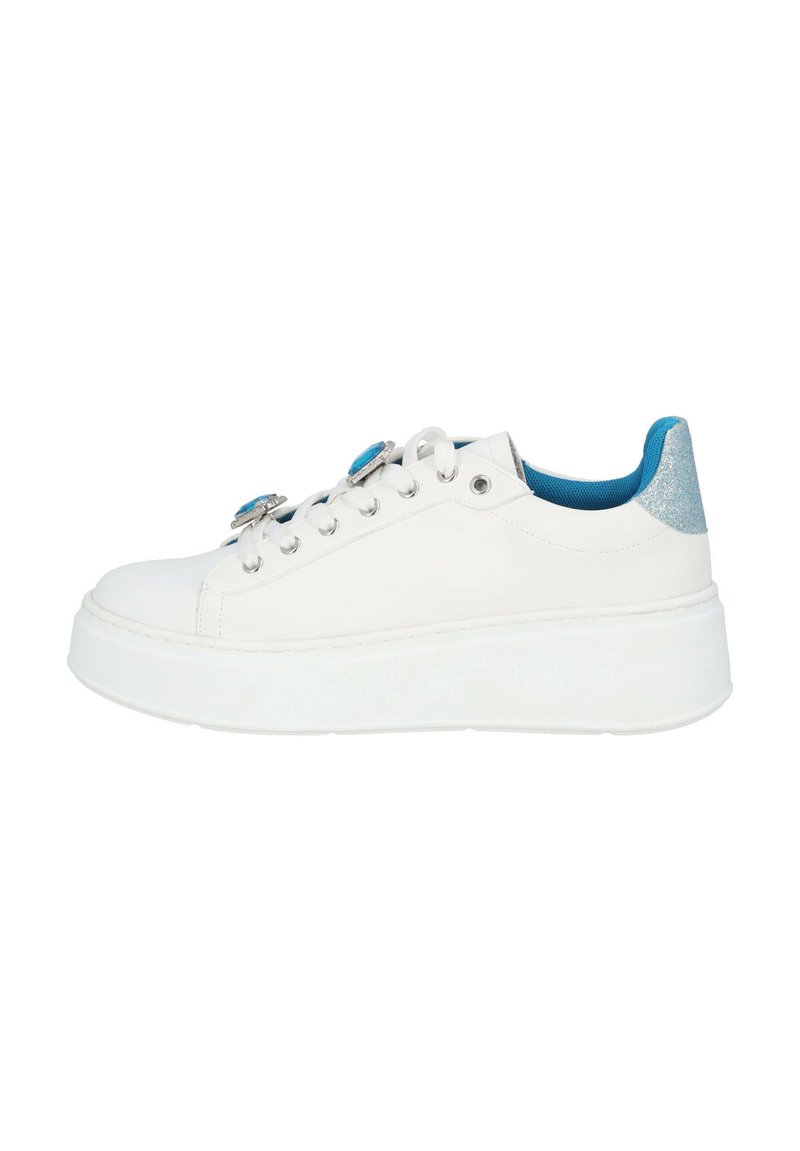 White sneaker with a thick sole, blue accents, and decorative hardware. The heel features a textured, glittery material.