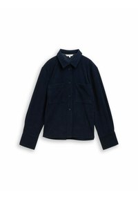 Granatowa koszula z korduroyu z kołnierzykiem, z przodu zapięcie na guziki, dwie kieszenie na piersi oraz długie rękawy z szerokimi mankietami. Teksturowana tkanina.