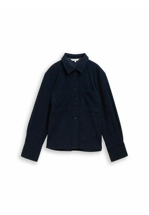 Marineblaue Cordhemd mit Kragen, vorderer Knopfverschluss, zwei Brusttaschen und langen Ärmeln mit breiten Manschetten. Strukturierter Stoff.