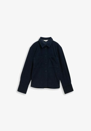 Marineblaue Cordhemd mit Kragen, vorderer Knopfverschluss, zwei Brusttaschen und langen Ärmeln mit breiten Manschetten. Strukturierter Stoff.