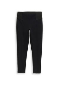 Zwarte fitted leggings met een gestructureerde, brede tailleband; soepele stof met gestikte voornaad en taps toelopende broekspijpen.
