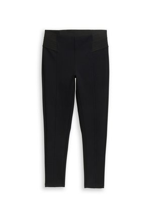 Schwarze, figurbetonte Leggings mit einem strukturierten, breiten Bund; glattes Material mit genähten vorderen Nähten und schmal zulaufendem Bein.