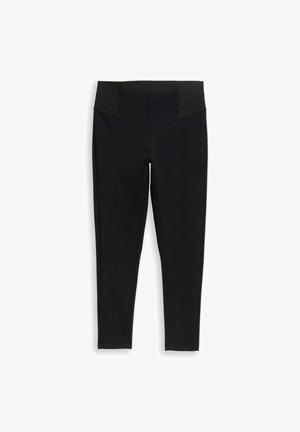 Zwarte fitted leggings met een gestructureerde, brede tailleband; soepele stof met gestikte voornaad en taps toelopende broekspijpen.