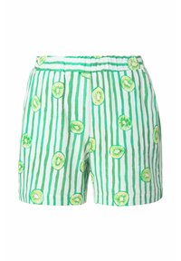 Pantaloni corti a righe verdi e bianche con stampa di kiwi, caratterizzati da una vestibilità rilassata e una cintura elastica, realizzati in tessuto leggero.