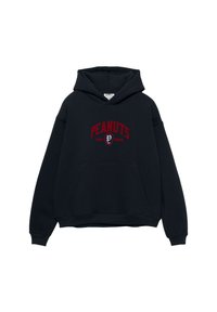 Hanorac bleumarin dintr-un amestec de bumbac, cu buzunar frontal, cu un croi supradimensionat, având textul roșu "ECHIPA DE GOLF PEANUTS" pe piept.
