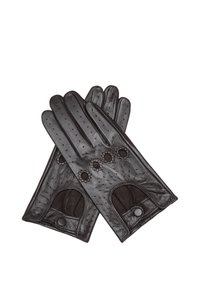 Schwarze Lederfahrhandschuhe mit Perforationen und dekorativen Blumendetails. Mit Knopfverschluss und weichem Innenfutter.