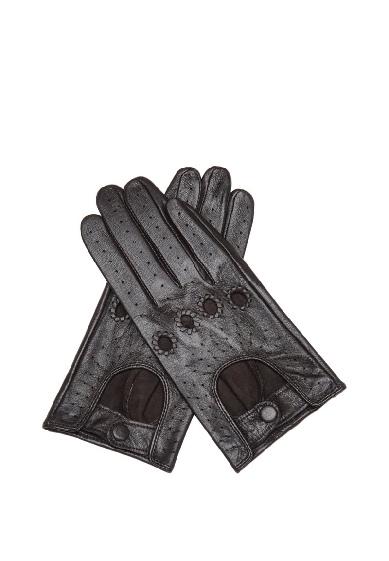 Schwarze Lederfahrhandschuhe mit Perforationen und dekorativen Blumendetails. Mit Knopfverschluss und weichem Innenfutter.