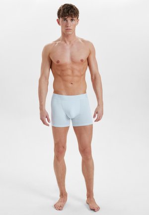 Vaaleansiniset boxerit, jotka on valmistettu pehmeästä materiaalista, ovat muotoiltu tiiviisti ja niissä on sileä vyötärönauha, jossa on kohokuvioitu brändäys.