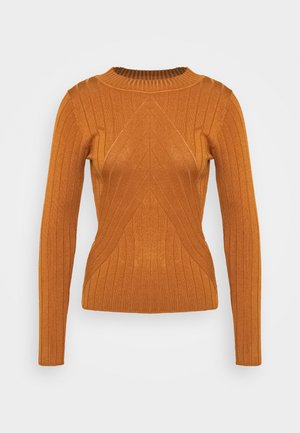 Ribbet sweater med lange ærmer i rustorange. Har en rund halsudskæring og geometriske mønsterdetaljer på forsiden, med en tætsiddende silhuet.