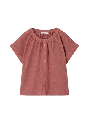 Blouse à manches courtes, rose poudré, boutonnée, en tissu texturé avec un col rond, conçue pour les filles.