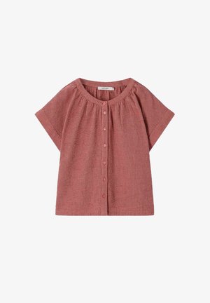 Blouse à manches courtes, rose poudré, boutonnée, en tissu texturé avec un col rond, conçue pour les filles.