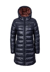 Marineblå puffjakke med hætte, blank overflade, quiltet design og brun indvendig foring. Har lynlås foran og sidelommer.