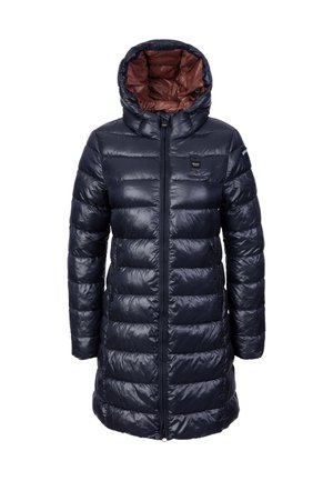 Abrigo acolchado de color azul marino con capucha, textura brillante, diseño acolchado y un forro interior marrón. Cuenta con una cremallera frontal y bolsillos laterales.