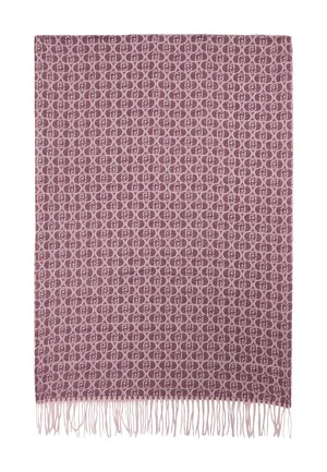 Écharpe rectangulaire violette et rose avec un motif circulaire répétitif et des bords frangés sur fond blanc.