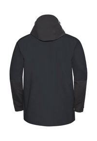 Veste sombre et imperméable avec un col haut et des manches longues. Le tissu est lisse avec des accents sombres contrastés sur les manches.