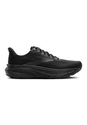 Black running shoes featuring a textured mesh upper, sleek design, prominent cushioning, and a patterned sole for traction.