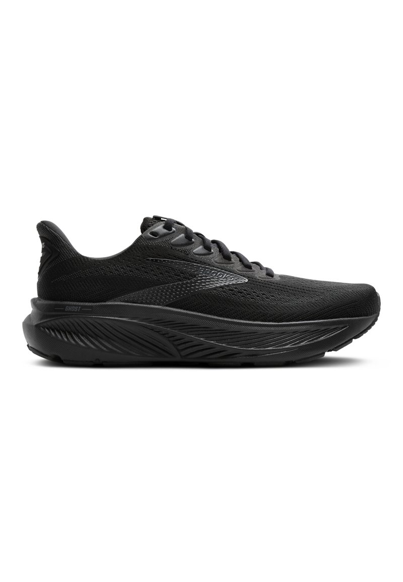 Schwarze Laufschuhe mit einem strukturierten Mesh-Obermaterial, schlankem Design, ausgeprägter Dämpfung und einem gemusterten Sohlenprofil für besseren Halt.