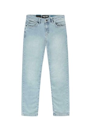 Lichtblauwe denimjeans met een slim fit, vijf zakken en een licht vervaagde textuur. Voorzien van een zwart taillebandlabel met "CARS JEANS."