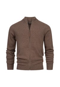 Cardigan zippé brun avec une texture côtelée, un col montant et des manches ajustées. Présente un patch logo sur le côté inférieur.