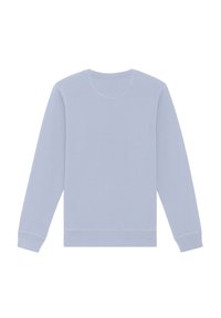 Pull bleu clair en tissu doux. Dispose de manches longues, d'un col rond et de bords-côtes aux poignets et à la taille. Pas de motifs visibles.