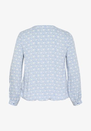 Sinine pika varrukaga pluus valge abstraktse mustriga, ümar kaelus ja nööpidega mansetid. Pehme, kerge kangas ja mugav lõike.