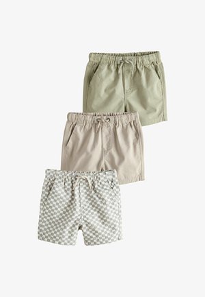 Trois paires de shorts : vert olive, beige et à carreaux gris. Chacune a une taille élastique, un cordon de serrage et des poches latérales.