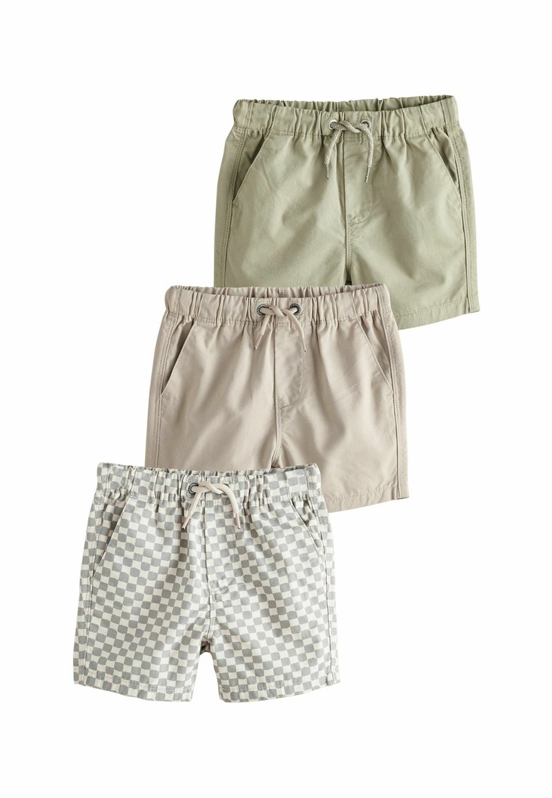 Három rövidnadrág: olíva zöld, bézs és kockás szürke. Mindegyiknek rugalmas derékrésze, zsinórja és oldalsó zsebei vannak.