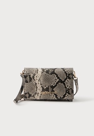 Rectangular crossbody bag with snake-print pattern, gold Valentino logo, and a matching strap on a white background.