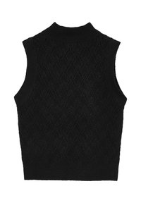 Schwarzer ärmelloser Pullover mit hohem Kragen, der ein strukturiertes Rautenmuster und einen gerippten Saum am Kragen sowie an den Armöffnungen aufweist.