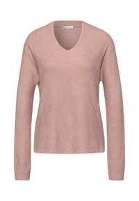 Langemouwige gebreide sweater in stofroze met V-hals en geribbelde diagonale en verticale textuurpatronen, ontworpen door Street One.