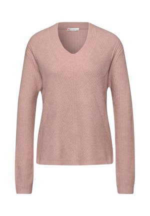 Suéter de punto rosa polvo de manga larga con cuello en V y patrones texturizados en forma de ribetes diagonales y verticales, diseñado por Street One.