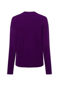 Paarse trui met een ronde hals, lange mouwen, ribgebreide manchetten en onderrand, gemaakt van een zachte stof met een gladde textuur.