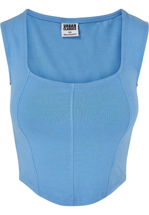 Jasnoniebieski top crop wykonany z elastycznego materiału, z kwadratowym dekoltem i bezszwowym fasonem, z widocznymi detalami szycia.